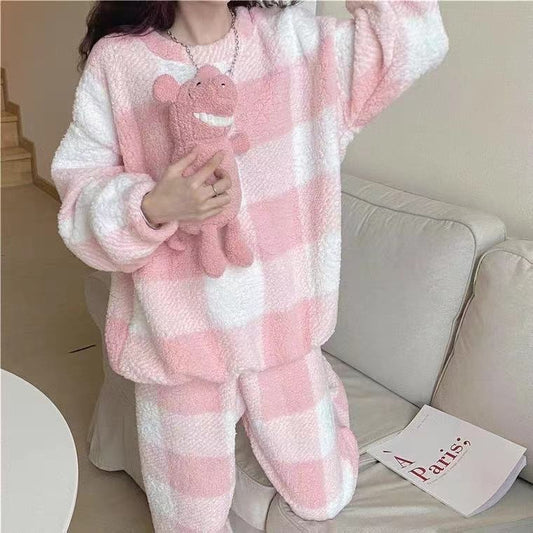 Ultra Soft & Cozy Fluffy Checkered Pajama Set Pajamas Flannel Korean Home Service Suit