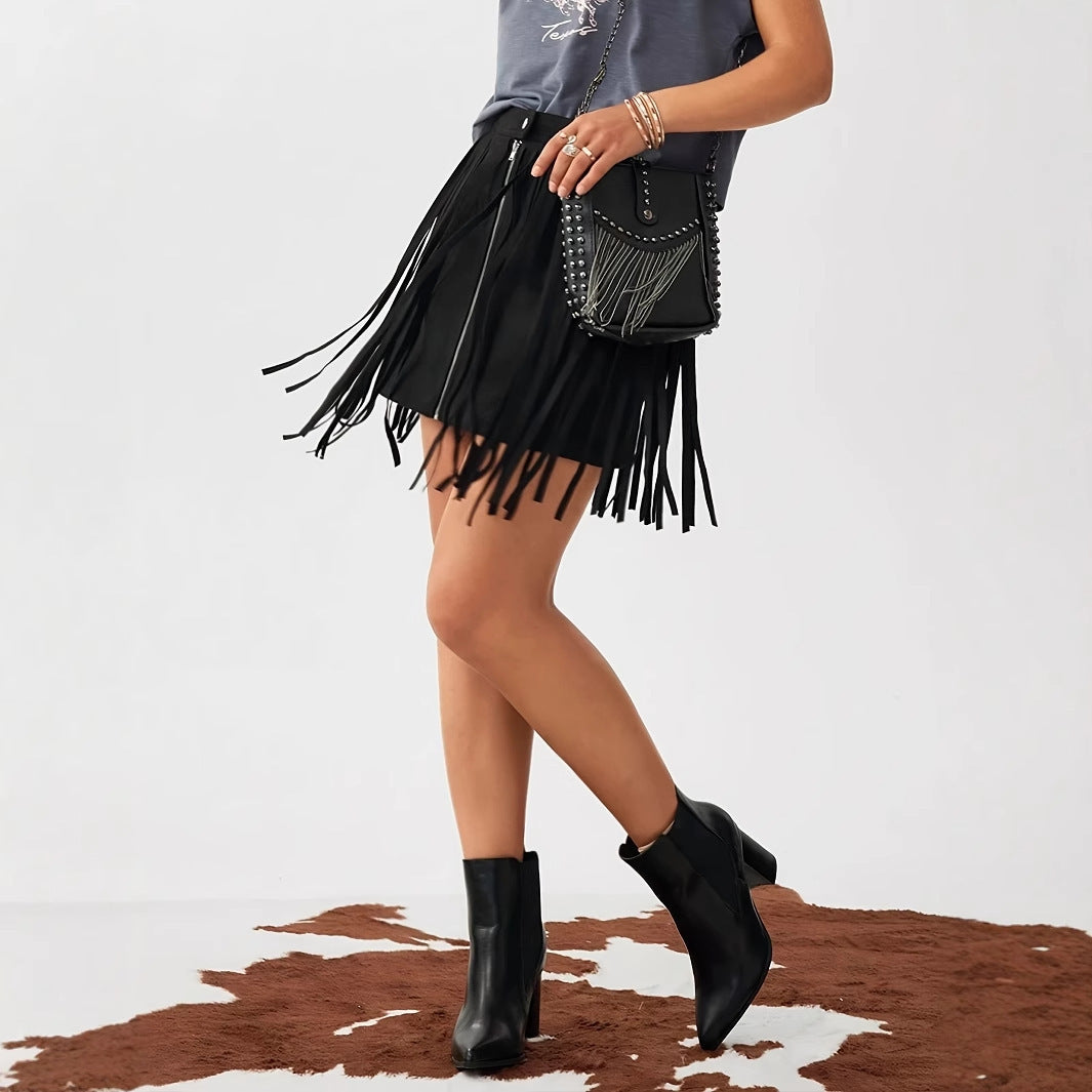 Western Denim Style Women's Solid Color Tassel Front Zipper Casual Short Skirt
