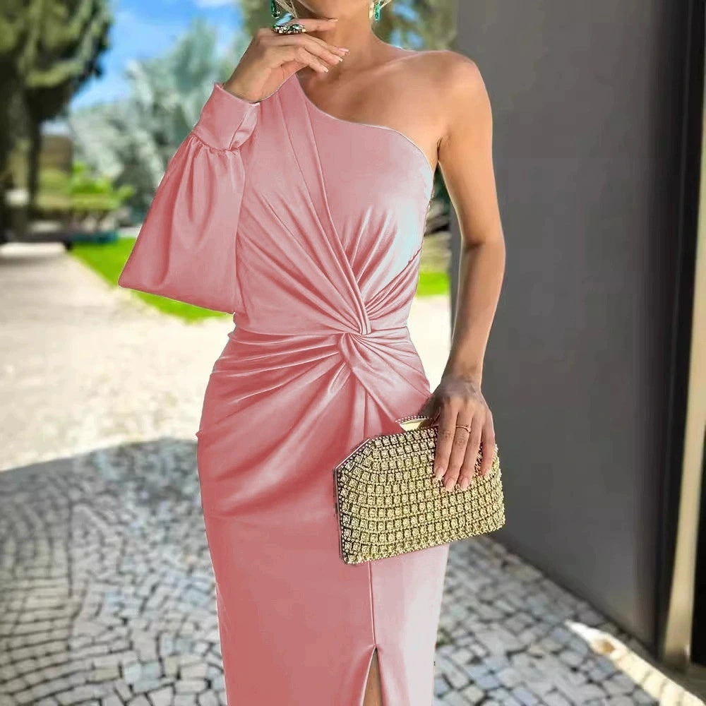 Diagonal Shoulder Knot Split Solid Color Slim Fit Dress
