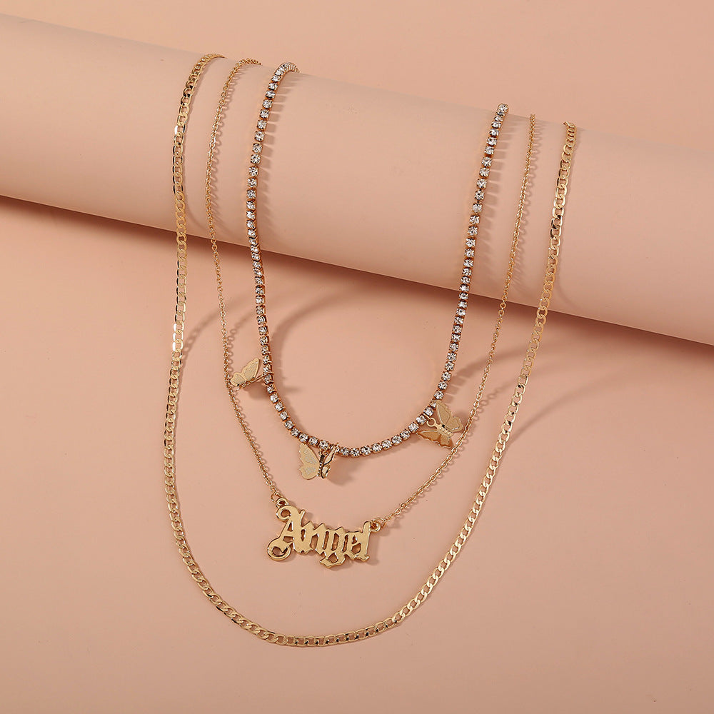 Layered "Angel" Pendant Necklace – Gold-Tone Statement with Butterflies Catch Chain Tassel Butterfly Letter Angel Multi-layer Temperament Necklace Accessories