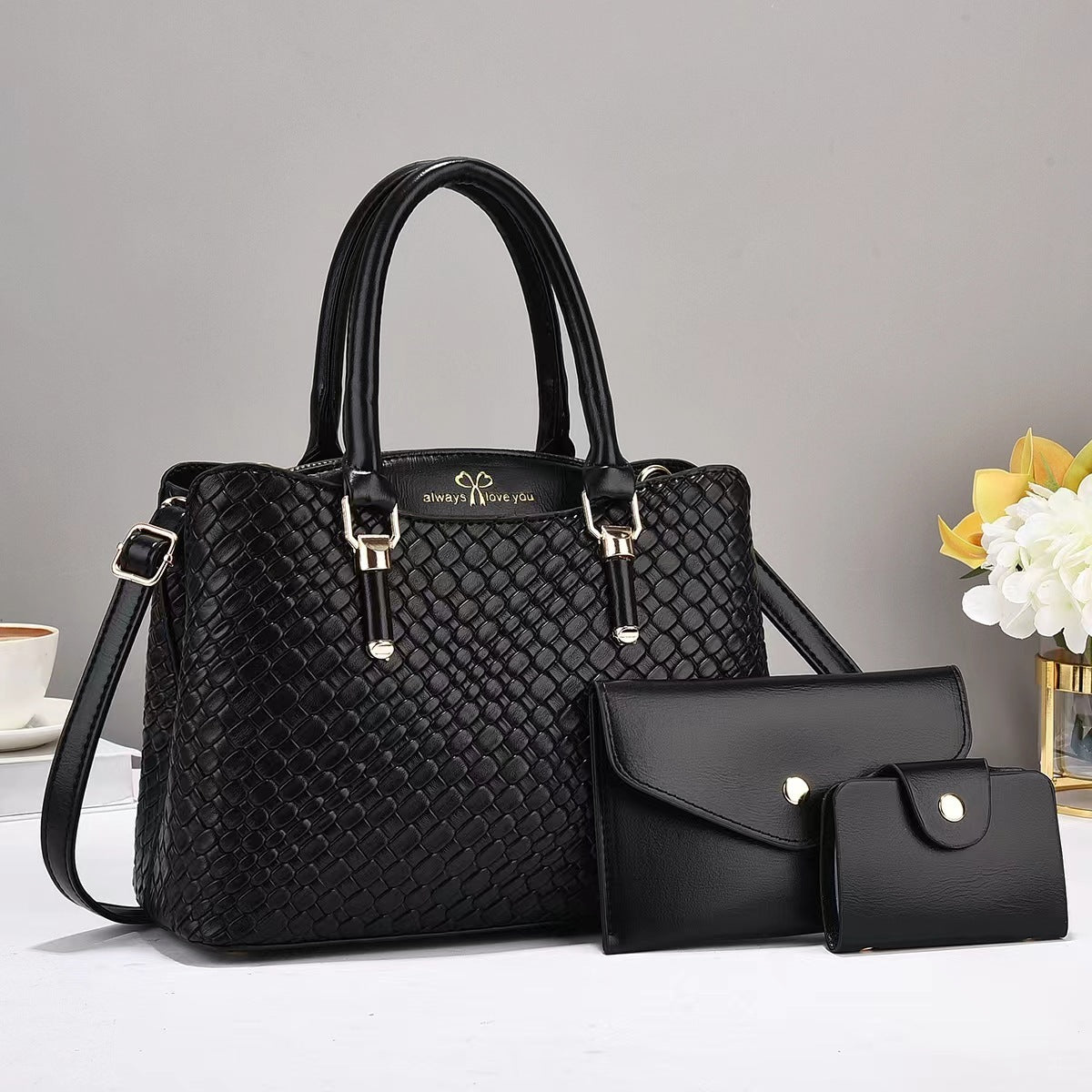 Versatile Everyday Commuter Bag with Crossbody Strap Woven Texture Three-piece Set Large Capacity One Shoulder Combination Bags