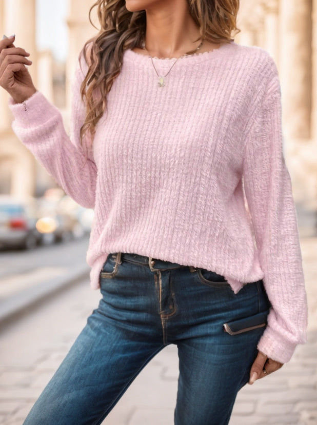 Plain Collar Rib Knit Casual Basic T-Shirt Blouse Women