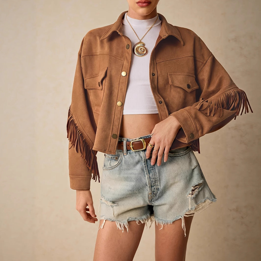 Solid Color Shoulder Down Long Sleeved Tassel Trimmed Casual Jacket