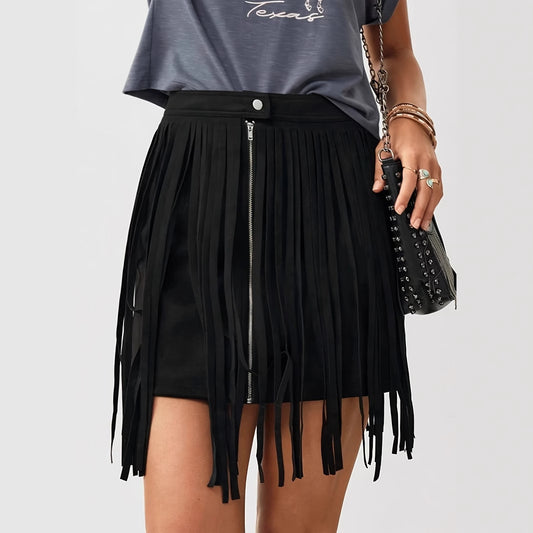 Western Denim Style Women's Solid Color Tassel Front Zipper Casual Short Skirt