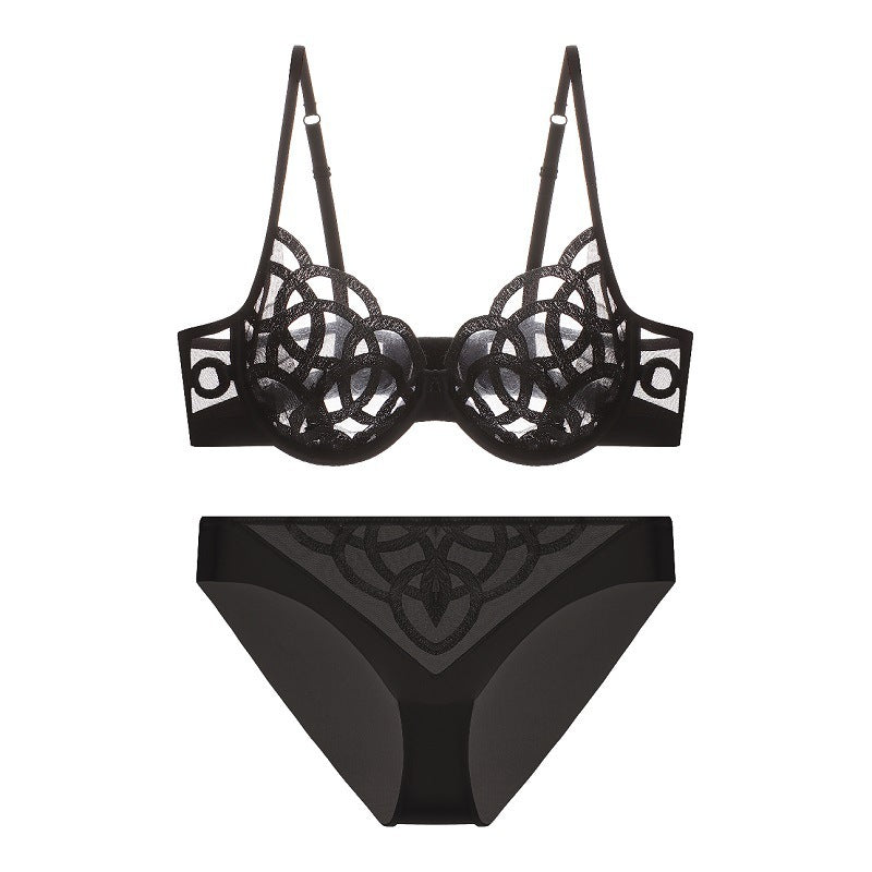 Abstract Embroidery Lingerie Set - Sheer Mesh Underwire Bra & Panty Women's Push Up Bra Ultra-thin Breathable Mesh Embroidery Bra Set