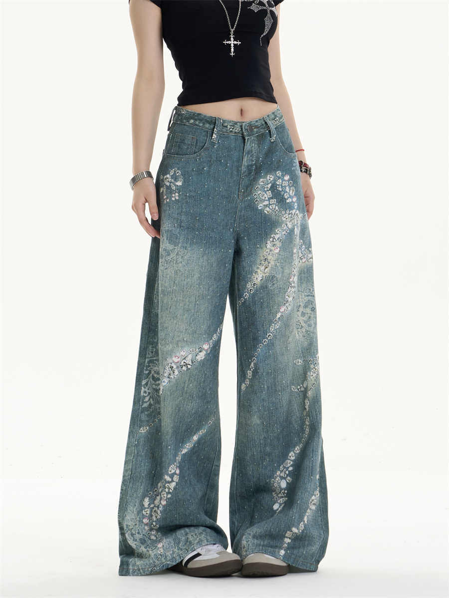 Retro Bowknot Printed Jeans Loose Wide-leg Pants