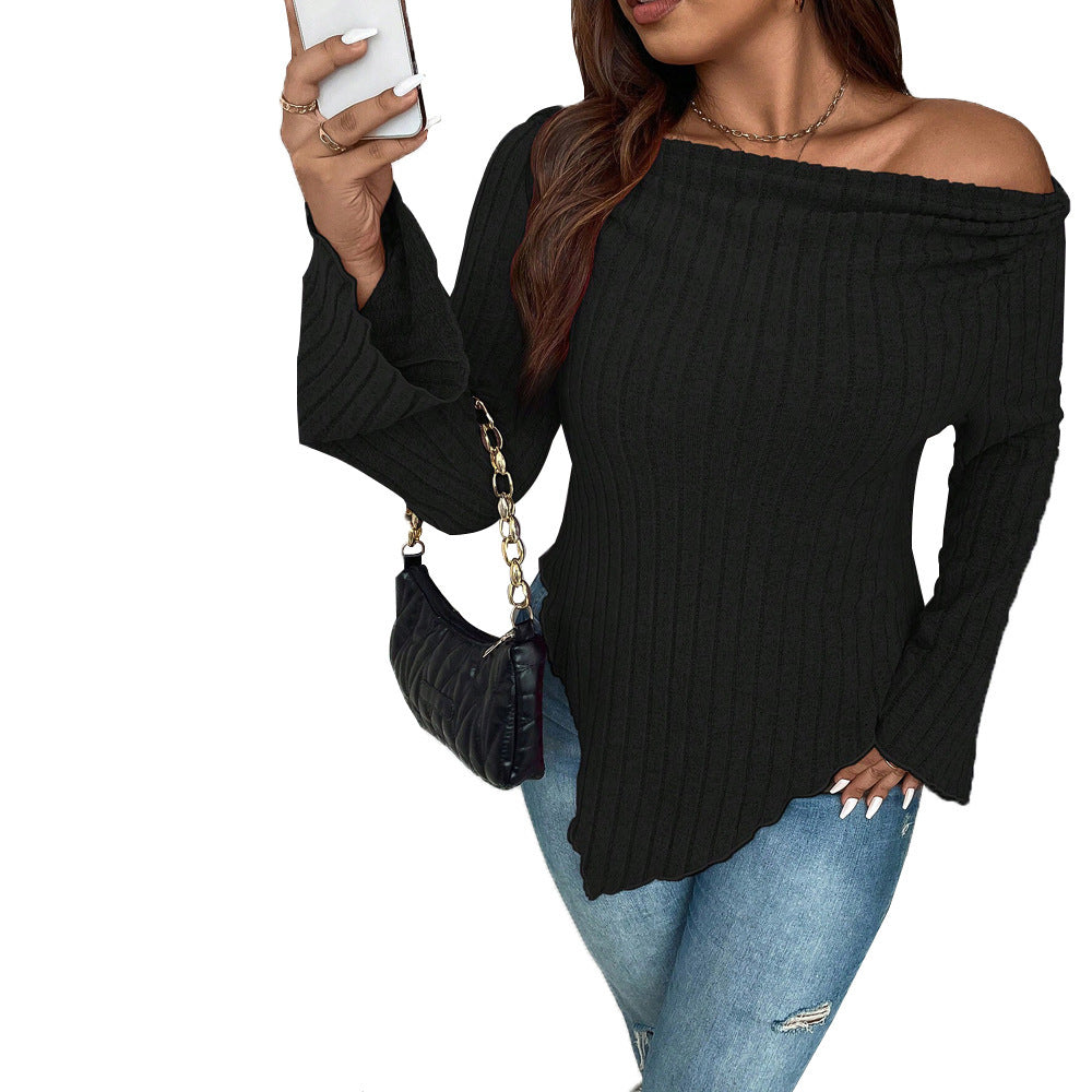Off-neck Long Sleeve T-shirt Slim Fit Irregular Top
