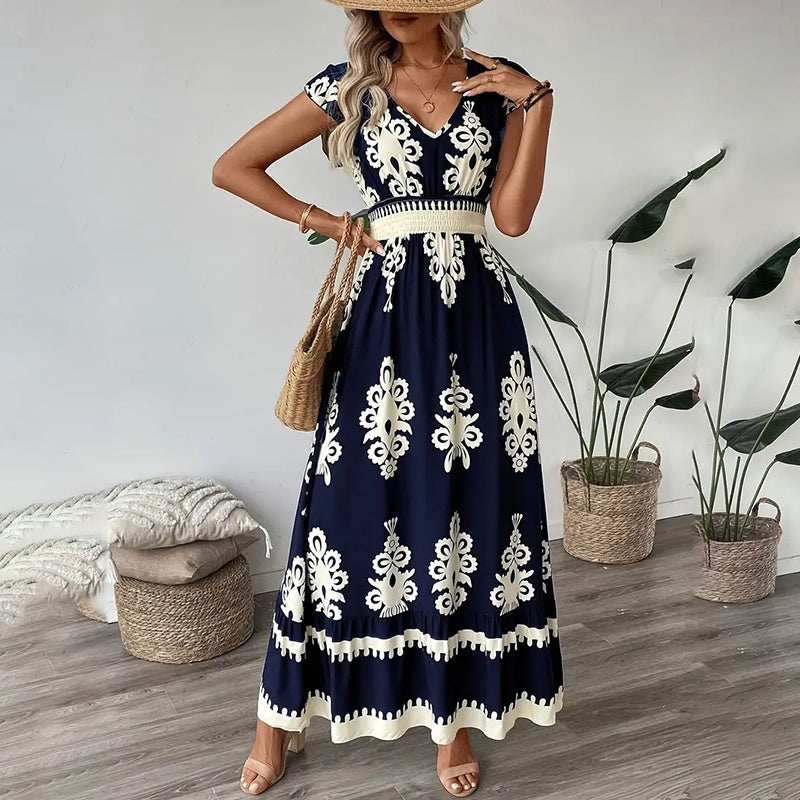 Summer Flowy Maxi Dress Casual Cap Sleeve V Neck Smocked Waist Beach Sundress