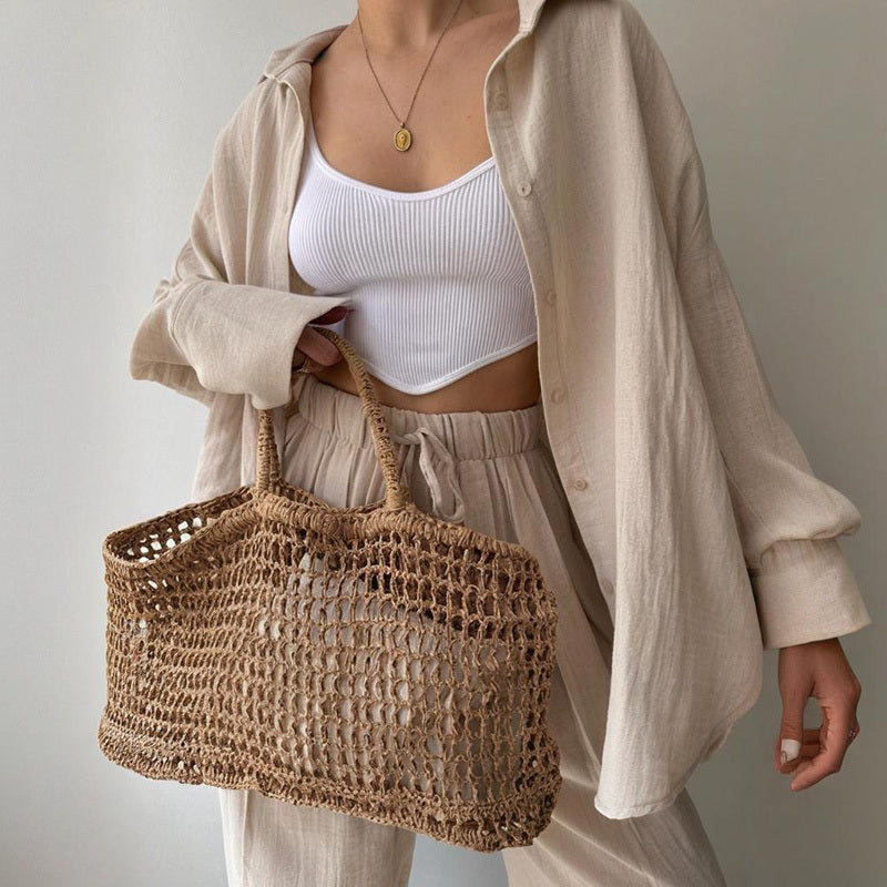 Solid Color Lapel Collar Long Sleeve Shirt & High-Waist Pants Set - Casual Loose Fit Outfit