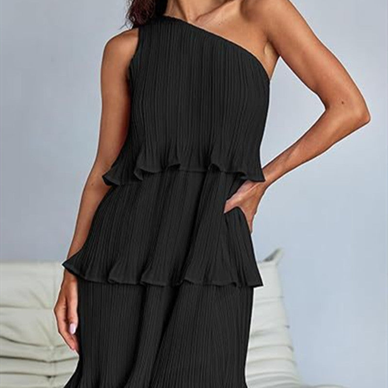 Shoulder Layered Stitching Hem Dress For Women's