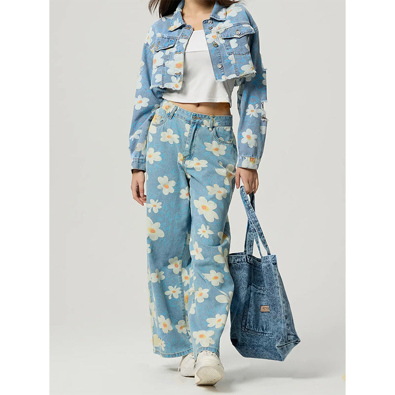 Vintage Flower Print Straight Jeans For Women's
