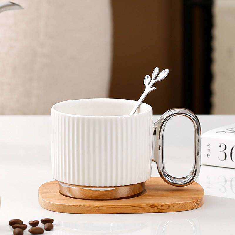 Ribbed Ceramic Coffee Mug with Wooden Saucer & Gold Spoon Set Ceramic Mug Household Afternoon Tea Coffee Cup