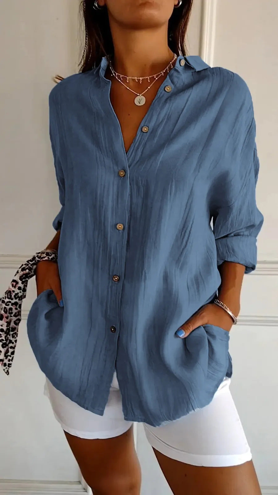 Lapel Long Sleeve Shirt Single-breasted Pleated Shirt For Women's
