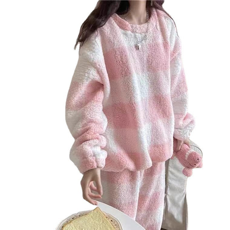 Ultra Soft & Cozy Fluffy Checkered Pajama Set Pajamas Flannel Korean Home Service Suit