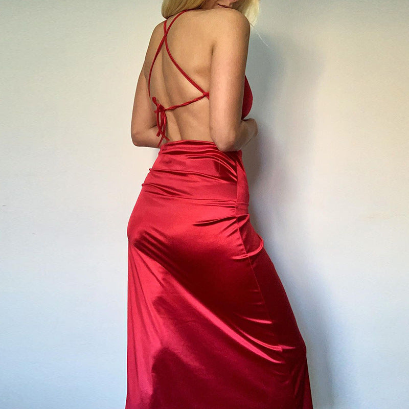 Clothing Pure Color Halter Backless Thin Strap Hip Bag Dress
