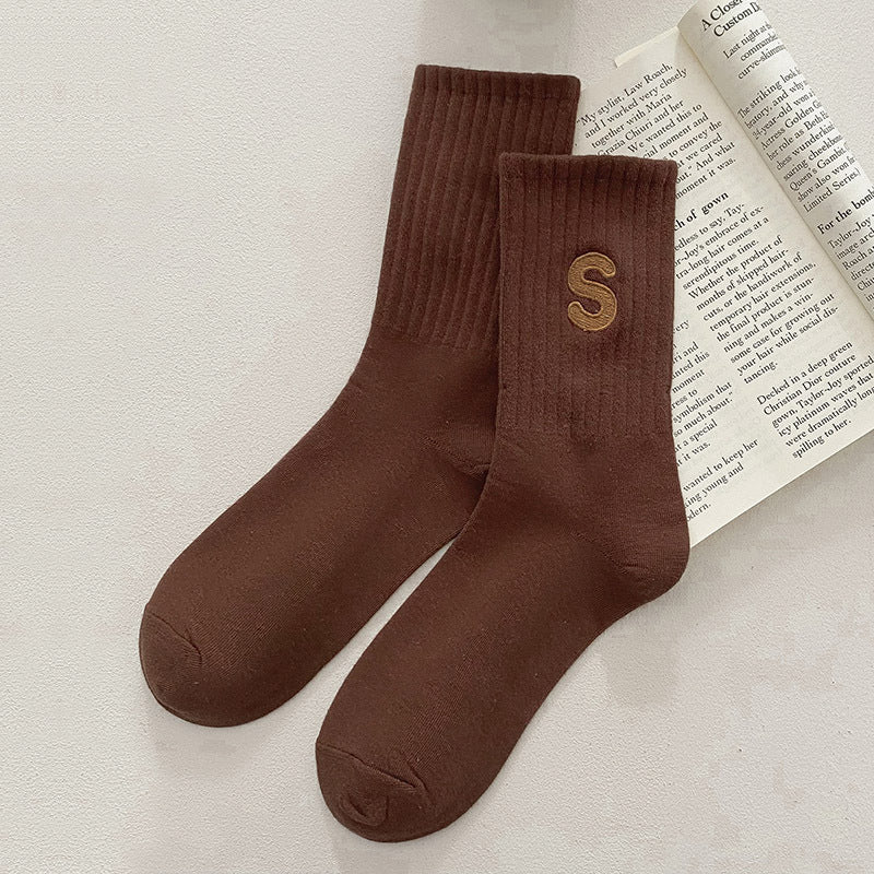 Embroidered S-letter Cotton Sweat-absorbent Autumn And Winter Socks Women's