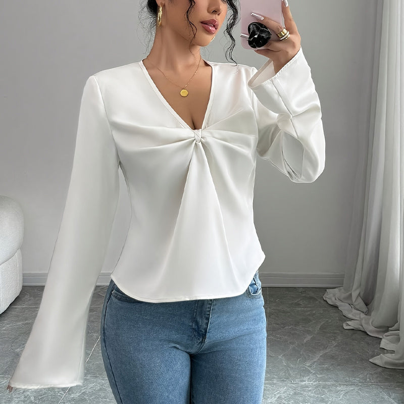 Elegant Solid Color V-neck Ruffled Front Flared Sleeve Shirt