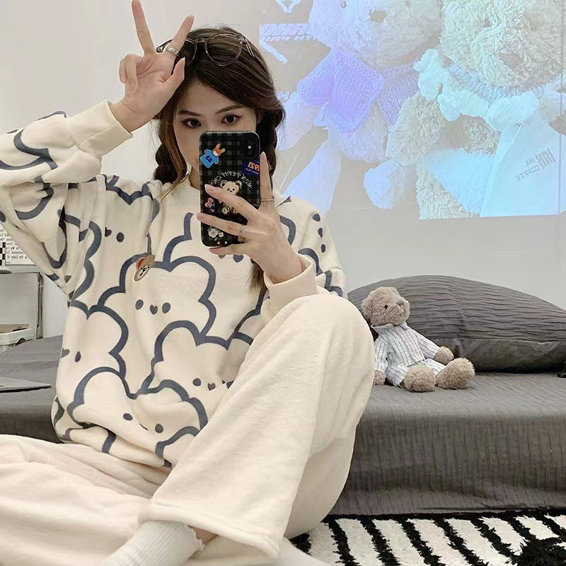 Cozy Bear Print Pajama Set - Soft Fleece Loungewear for Women Foreign Flannel Pajamas Suit Women