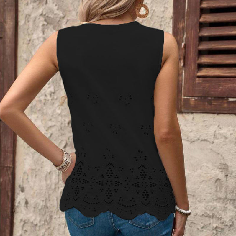 Embroidered Eyelet Tops Notched Neck Sleeveless Lace Trim Blouses Shirts