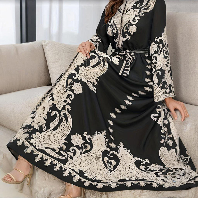 Vintage High-Neck Floral Maxi Dress Loose Long Sleeve, Adjustable Waist Belt, Middle Eastern Inspired Holiday Dress Ankle-Length Gown