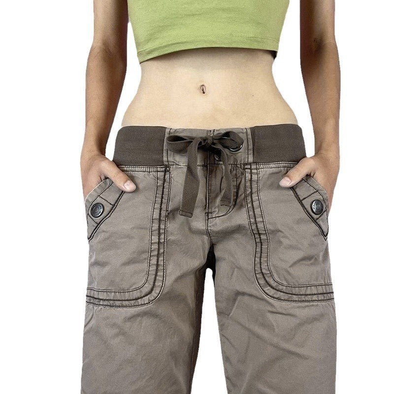 Pocket Contrast Color Thread Waist Head Made Old Low Waist Straight Jeans