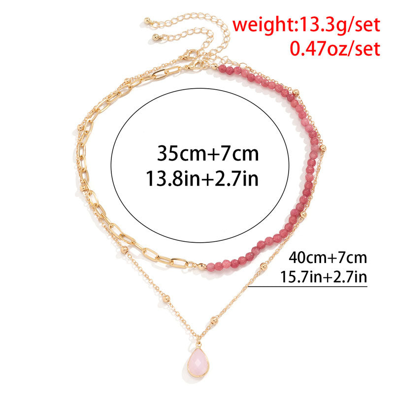 Pink Teardrop Layered Necklace – Delicate & Feminine Duo Chain Light Luxury Irregular Design Niche Stacking Collarbone Chain