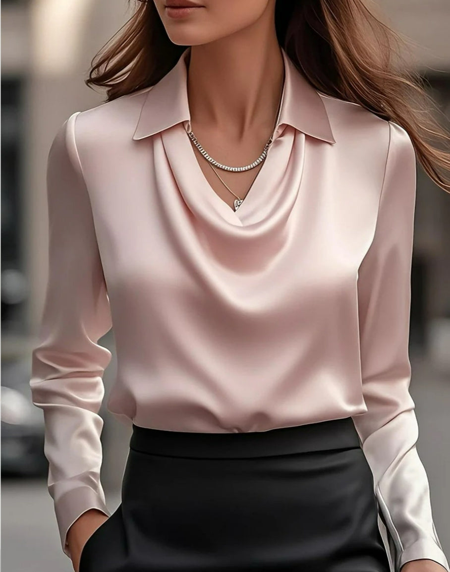 Swing Collar Draped Shirts & Blouses Elegant Solid Satin Office Ladies Top Pullover Spring Long Sleeve Casual Tops