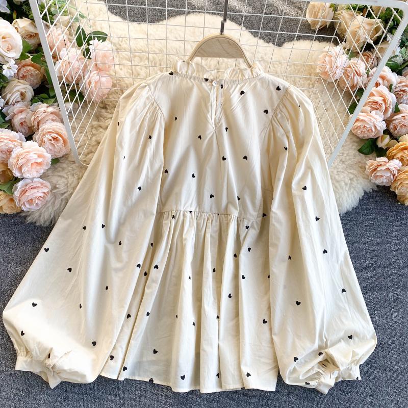Boho-Chic Polka Dot Peplum Top with Ruffled Collar Korean Girl Puff Sleeve Top Women's Bottoming Shirt
