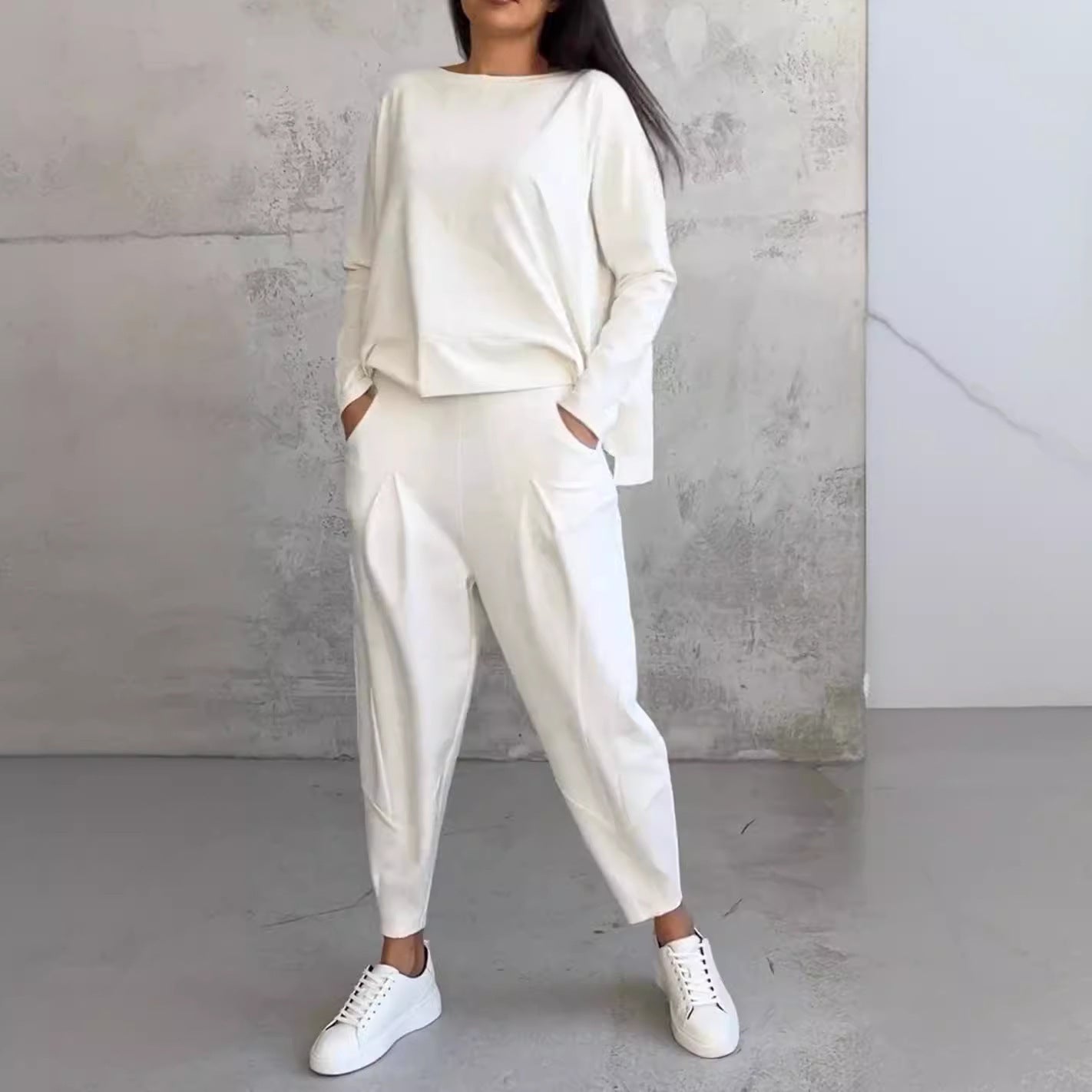 Chic Everyday Coord Set – Style Meets Comfort Women's Irregular Design Long-sleeved Sweater Harem Pants Suit