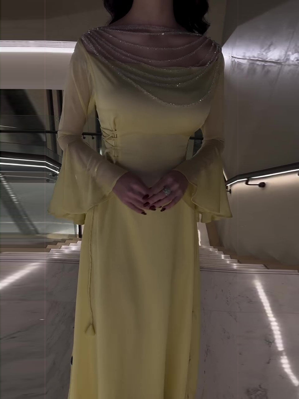 Elegant Yellow Pleated Belted Ruffled Sleeves Maxi Bodycon Dress