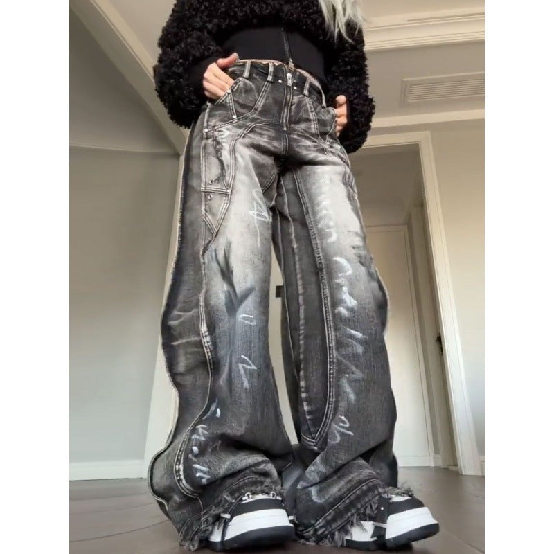 Y2K Black Acid-Wash Wide-Leg Jeans – Streetwear Baggy Grunge Denim American-style Plus Size Washed Graffiti Jeans For Women