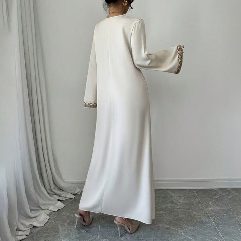 Middle Eastern Embroidered Maxi Dress - Round Neck Long Sleeve Flowy Kaftan With Exquisite Embroidery, Loose Fit