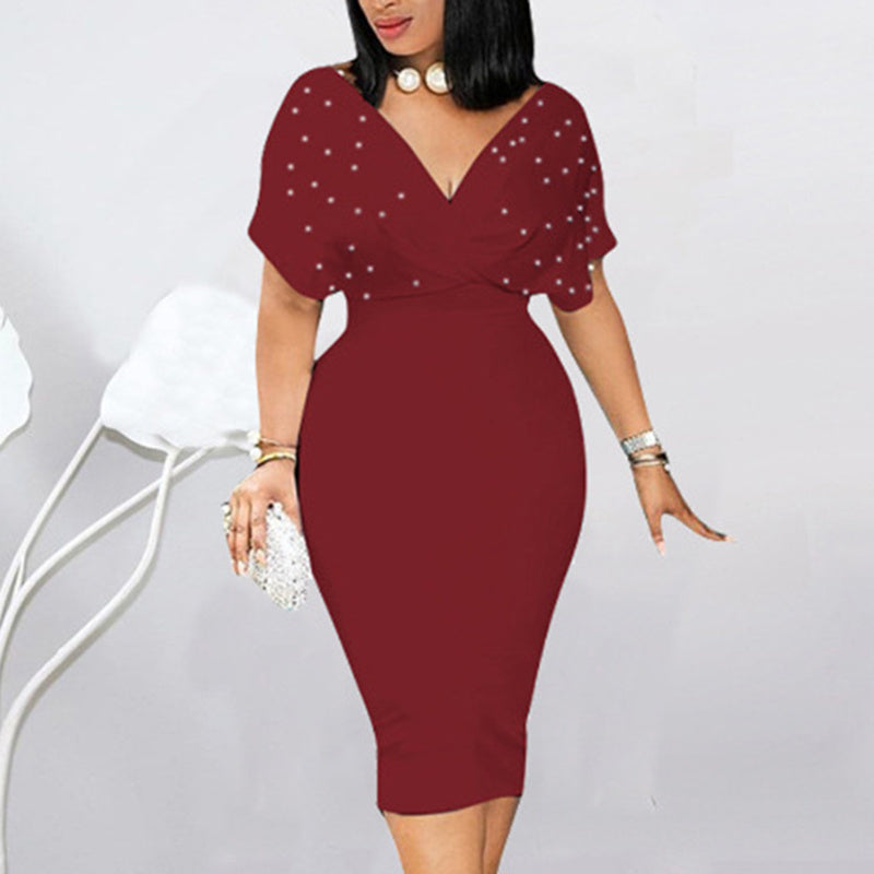 Elegant Deep V Neck Wrap Bodycon Dress Back Zipper Pencil Midi Dress