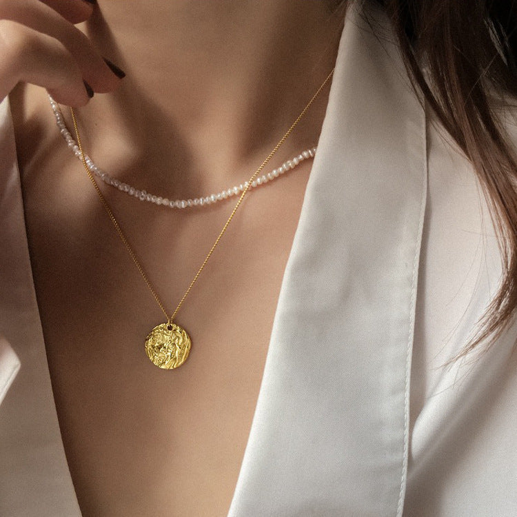 Boho Chic Layered Pearl Coin Pendant Pearl Metal Choker Clavicle Chain