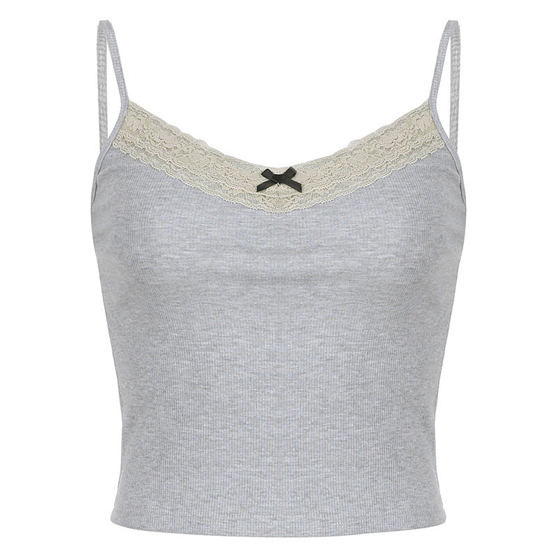 Girl Style Fashionable Knitted Lace Patchwork Round Neck Navel Short Vest