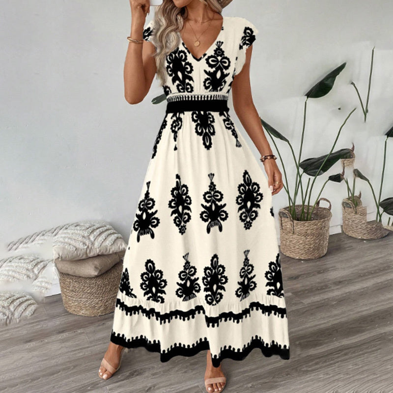 Summer Flowy Maxi Dress Casual Cap Sleeve V Neck Smocked Waist Beach Sundress