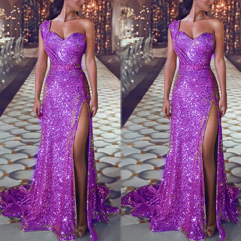 One-shoulder Sleeveless Bronzing Split Dress Women's Clothing