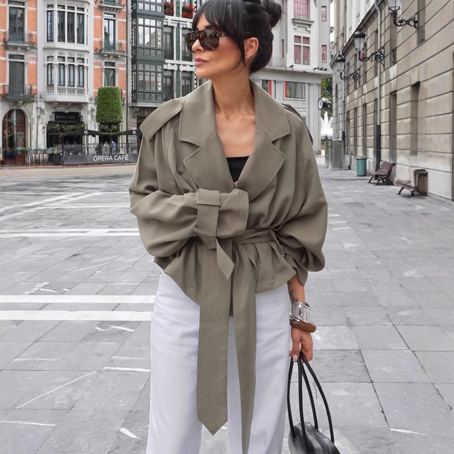 Large Lapel Lace-up Trench Coat Fashionable Jacket