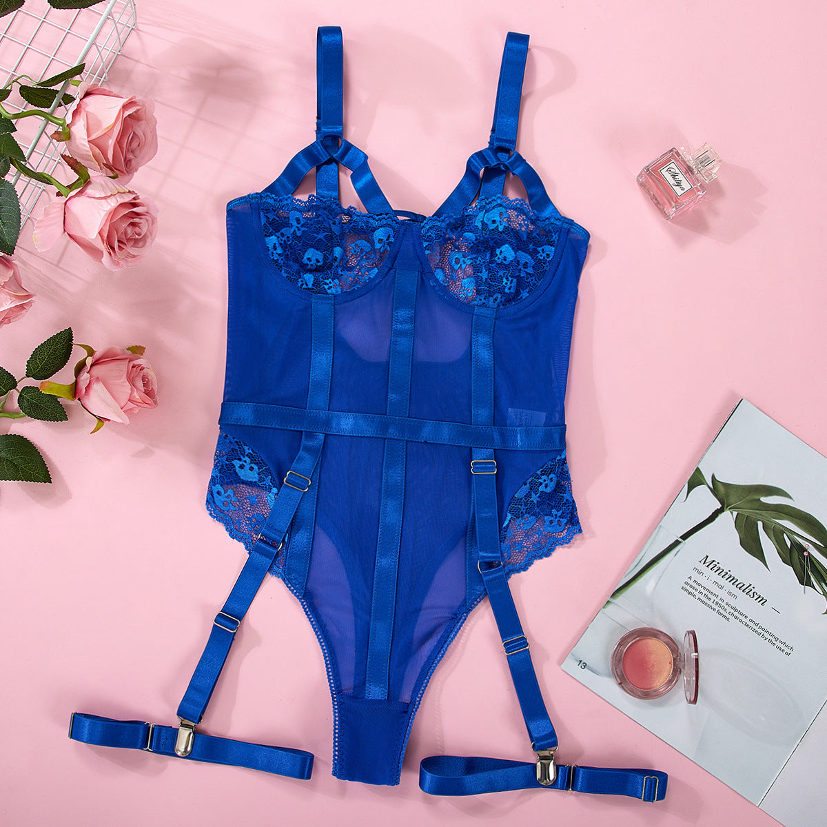 Lace Bodysuit with Garter Belt - Sheer One Piece Lingerie Lace Sexy Nightclub Outfit Jumpsuit
