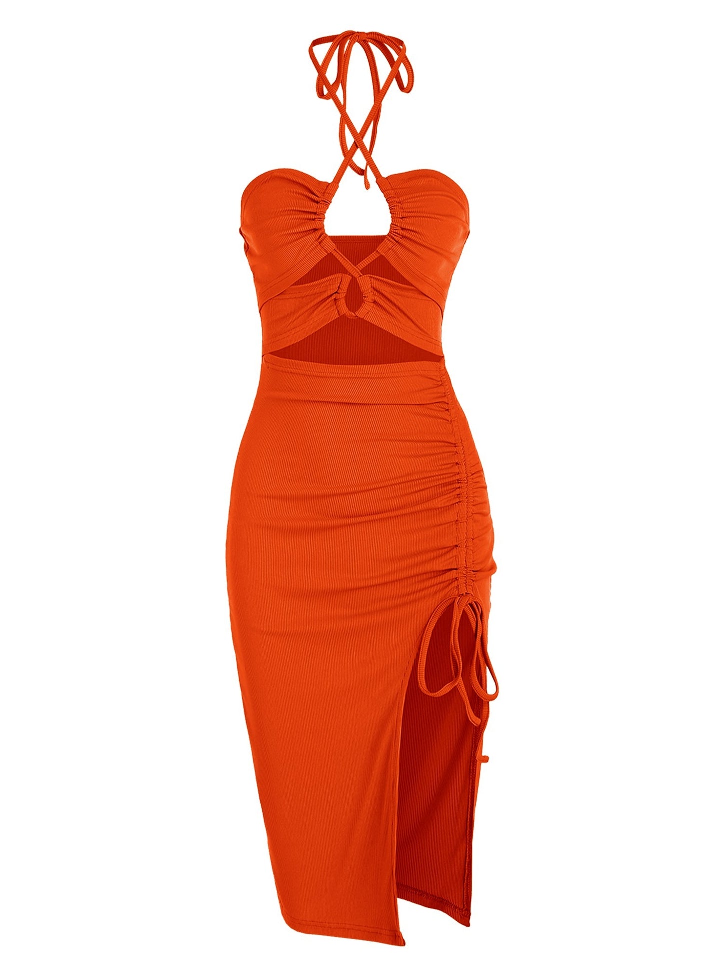 Cut-Out Ruched Bodycon Midi Dress – Sultry & Stylish Partywear Women's Sleeveless Dress Sexy Midi Halter Dresses Criss Cross Cami Women's Dresses Dress For Party
