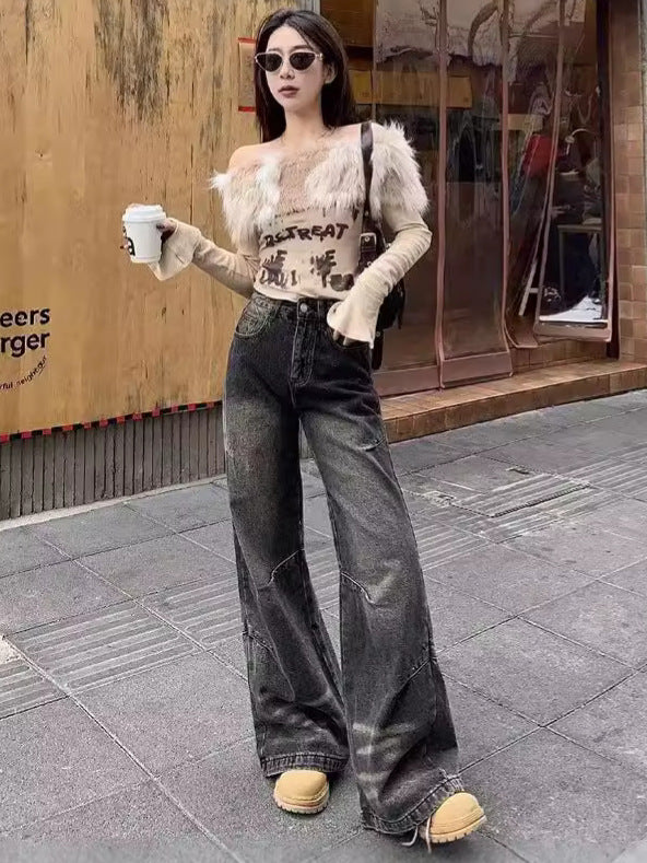 American-style Retro Washed Gradient Wide-leg All-matching Casual Straight-leg Mop Jeans