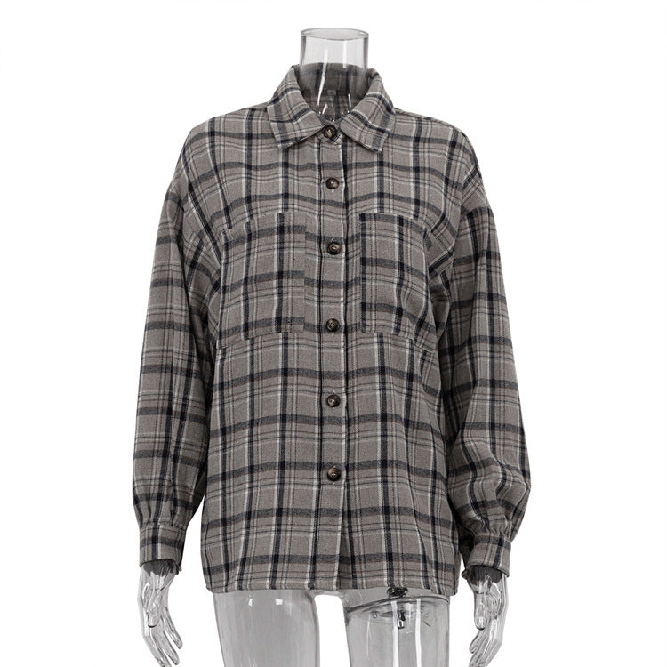Retro Long Sleeve Pocket Plaid Boho Shirt For Women's