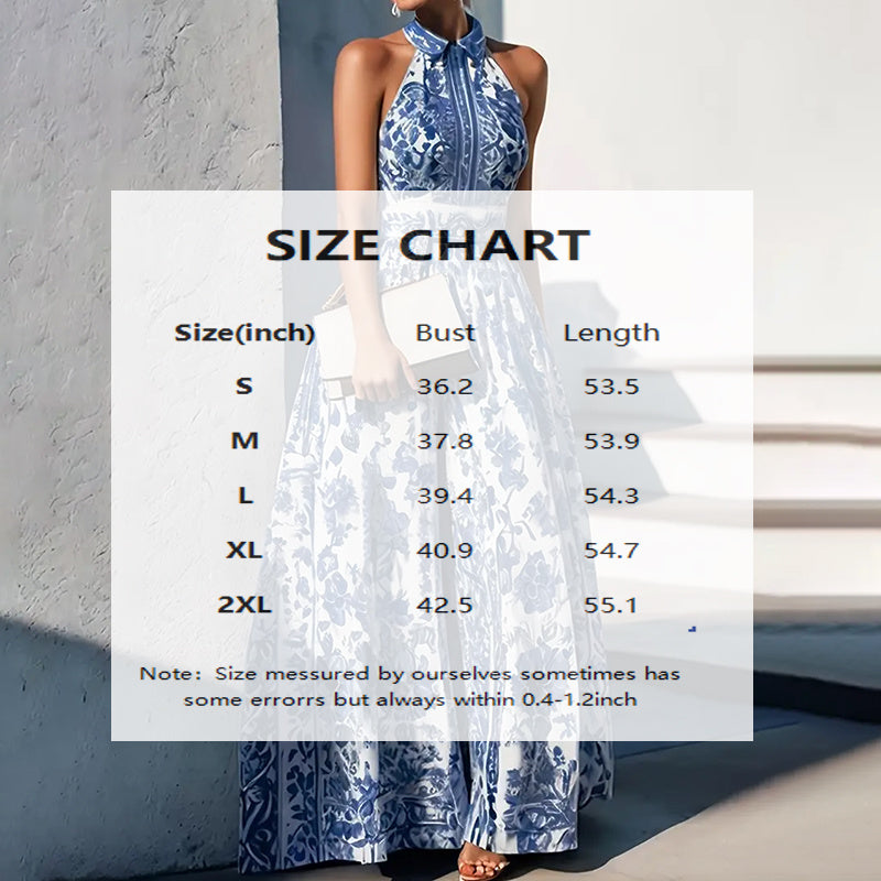 Floral Print Halter Neck Maxi Dress - Tie-Waist A-Line Summer Dress