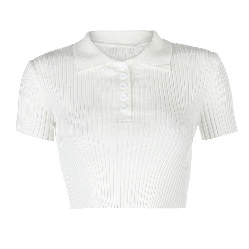 Summer Knit Polo Blouse - Short Sleeve Collared Top Korean Style Lapel Slim Slimming Cropped Top