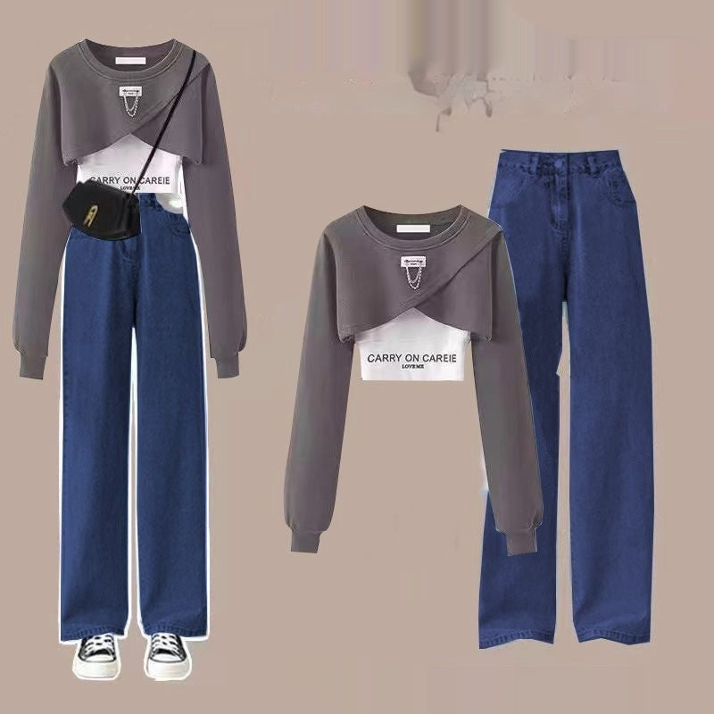 Autumn Suit Women's Wide-leg Pants Three-piece Sling Sweater Loose