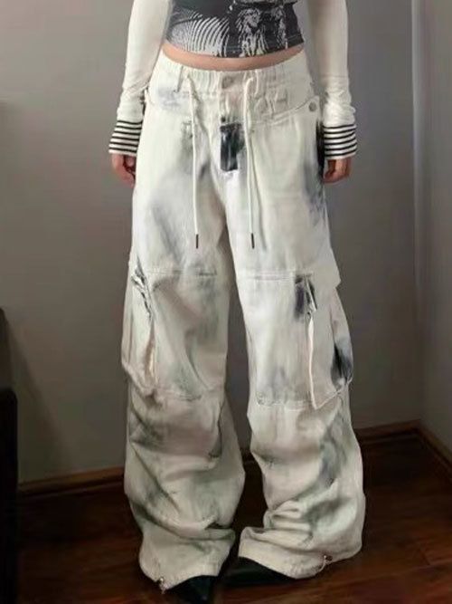 White Graffiti Distressed Cargo Jeans – Y2K Streetwear Wide-Leg Pants Plus Size Washed Brushed Multi-pocket Workwear Jeans For Women