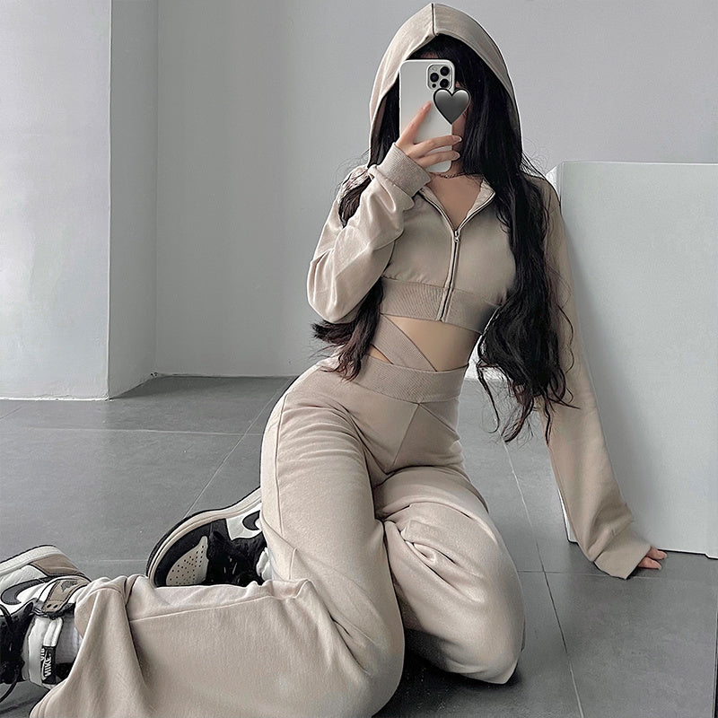 Chic Cropped Zip-Up Hoodie & Wide-Leg Sweatpants Set Trendy Hooded Long Sleeve Crop Crop Sweatshirt