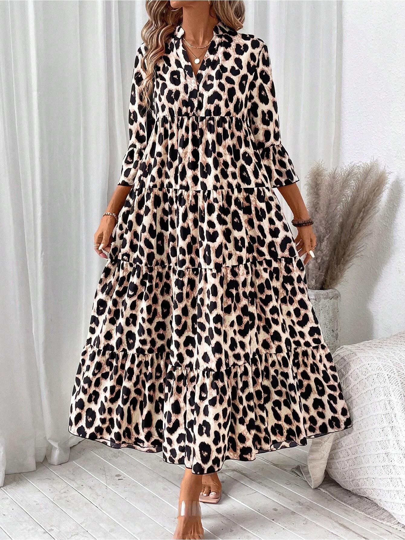 Leopard Print Mid-Sleeve Loose-Fit Casual Comfortable Maxi Dress - Flattering For Slimming