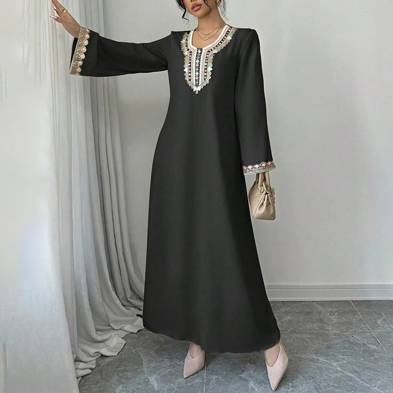 Middle Eastern Embroidered Maxi Dress - Round Neck Long Sleeve Flowy Kaftan With Exquisite Embroidery, Loose Fit