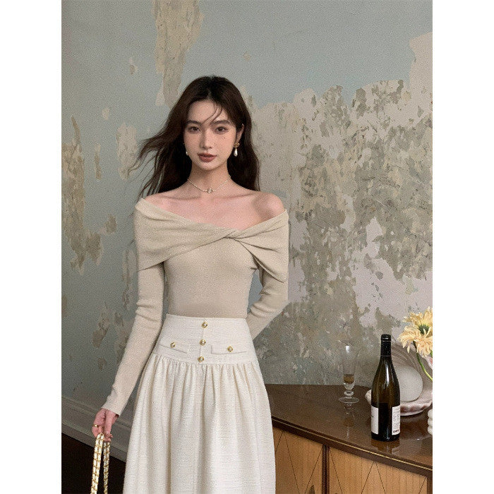 Elegant Spandex Off-shoulder Slim-fit Temperament Top For Women's
